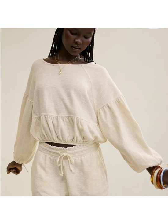 aerie Tops - Aerie Endless Summer Cropped Sweatshirt XXL Cream Heather Frost Boho Low Back